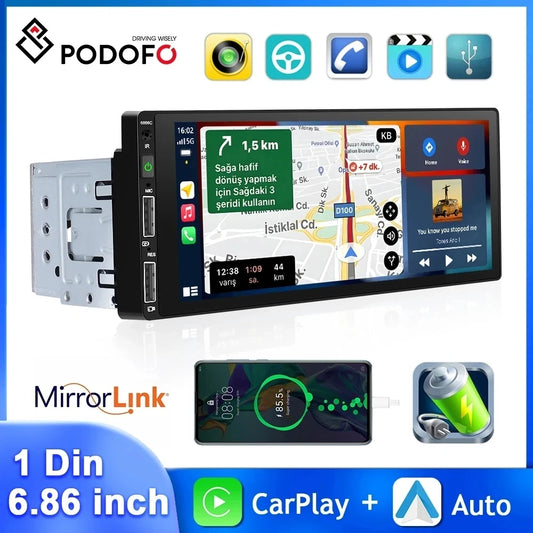 Podofo 1 Din MP5 Car Radio 6.86'' MP5 Player Wired Carplay Android Auto Universal Multimedia Player Mirror Link Car Stereo