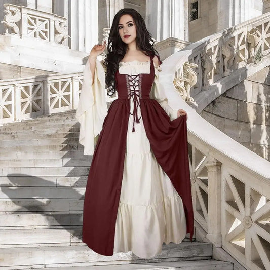 Medieval Dress Women Square Neck Tight Waist Flowy Sleeves Lace-up Patchwork Vintage Loyal Halloween Costume Maxi Dress