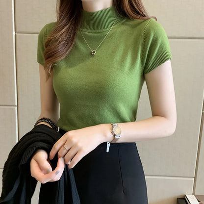 Spring Summer Women Knitted T-Shirts Short Sleeve Shirts Tops Female Elastic Slim Casual Knit Tee Crop Tops Women's T-Shirts