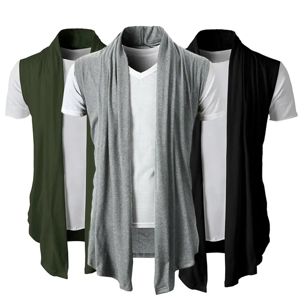 Stylish Men Cardigan Sleeveless Breathable Pure Color Pleated Coat  Spring Autumn Cardigan Jacket for Daily Wear