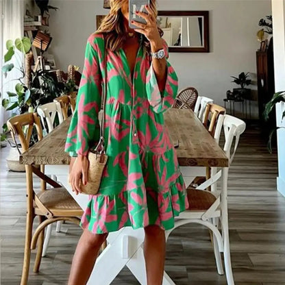 A Line Skirt Women Summer Dress Loose Trumpet Sleeve Long Sleeves Printing Loose Hem Lady Midi Dress Female Clothes