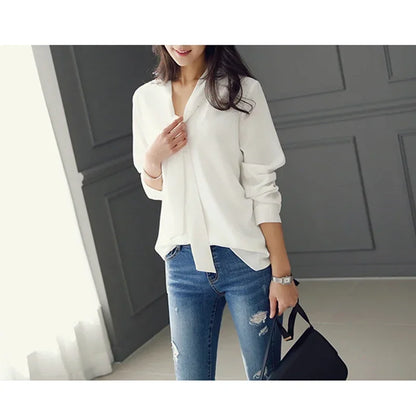 Long Sleeve Bow Tie Shirt Spring and Autumn New Fashion Women Clothing Loose Chiffon Shirt Women's Blouse Tops Blusas Mujer 699C