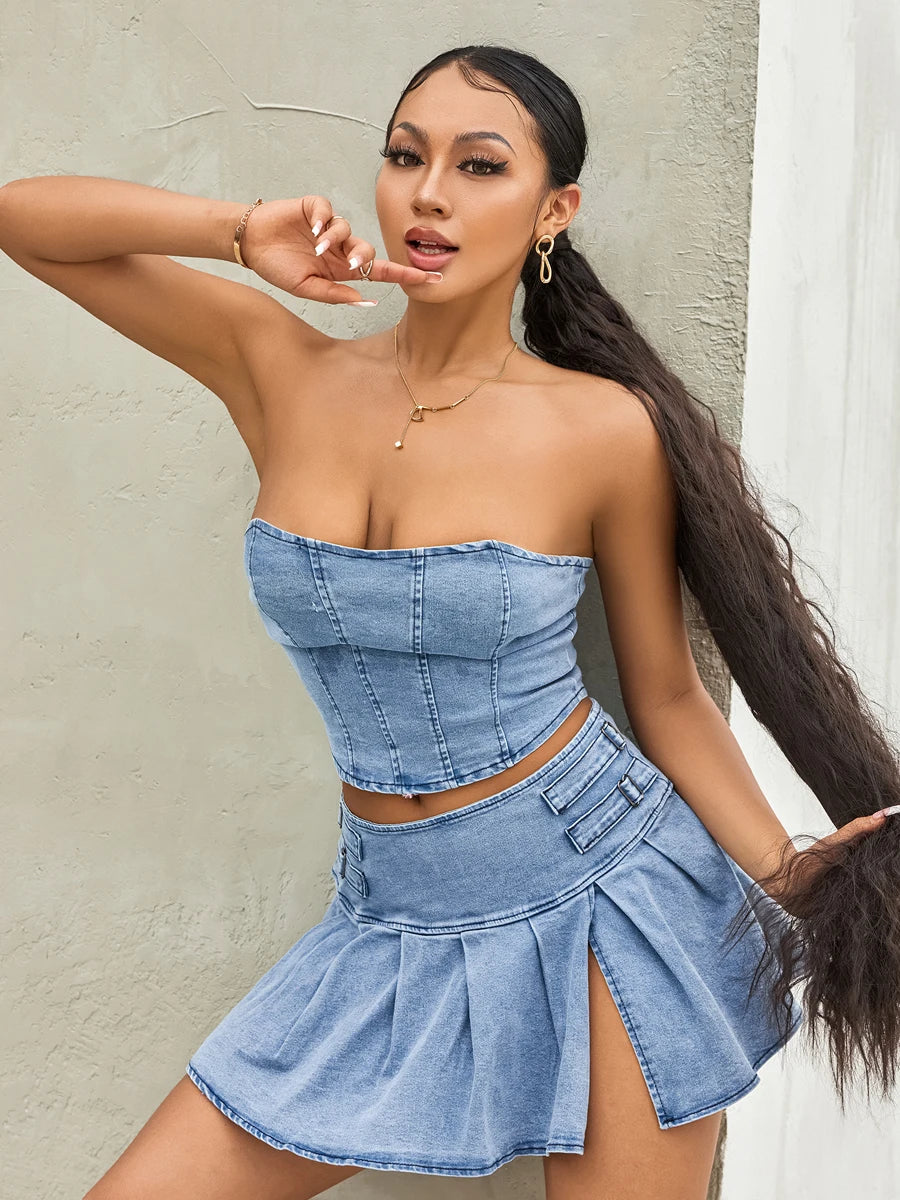 wsevypo Retro Blue Denim Two-Piece Skirt Suits Summer Off-Shoulder Bandeau Corset Crop Tops+High Waist Mini Pleated Skirts Sets