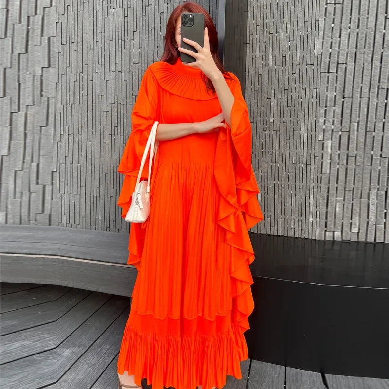 EGRM Ruffle Sleeves Pleated Maxi Long Dress For Women Elegant Lapel Solid Color Loose High-end Dresses 2024 Spring New 7ER3150