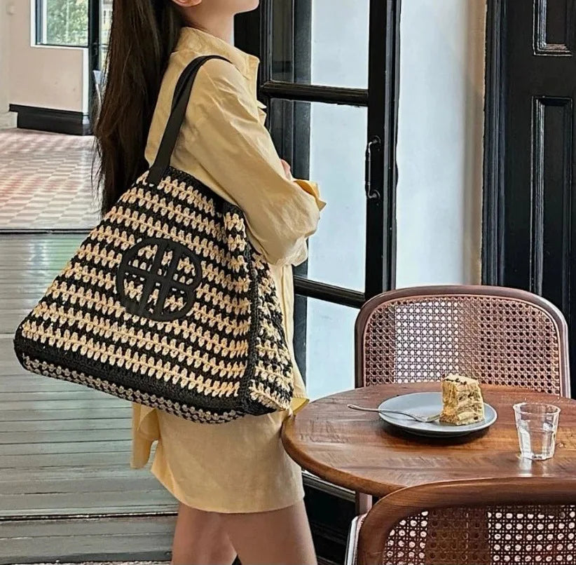 Raffia Crochet Bucket straw tote bag  women handmade large capacity summer beach woven handbag  khaki natrual 2023 new