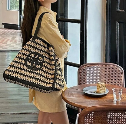 Raffia Crochet Bucket straw tote bag  women handmade large capacity summer beach woven handbag  khaki natrual 2023 new