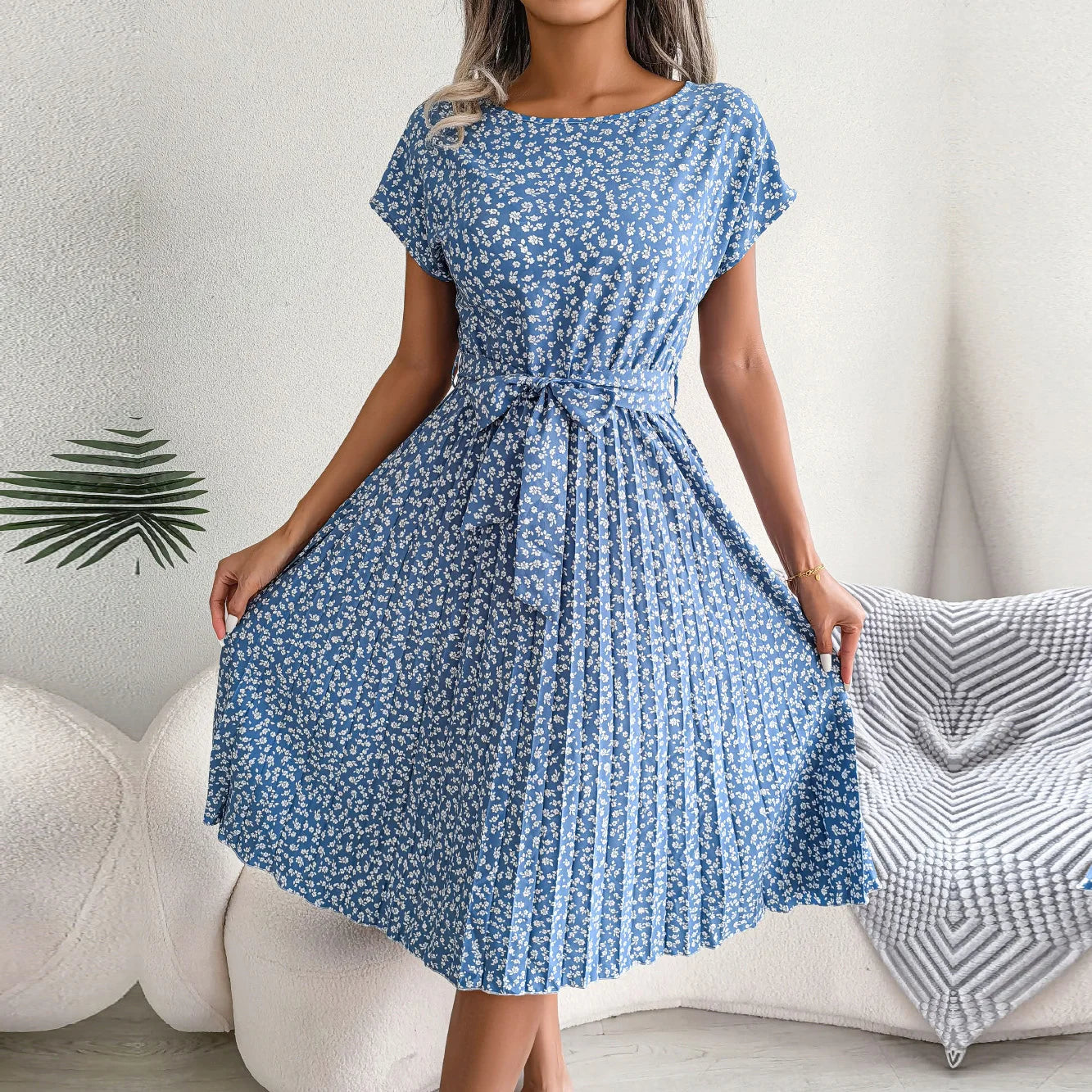 Women Spring Summer Short Sleeve High Waist Chic Dress Fashion Floral Pleated A Line Long Dress