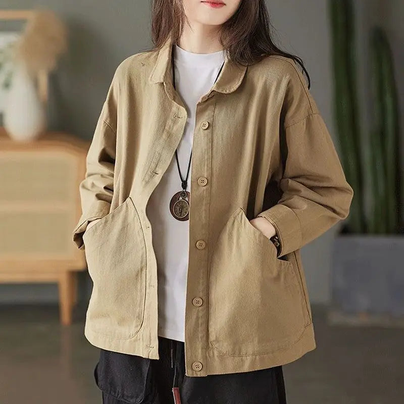 2023 Spring and Autumn Season Art Retro Simple Twill Cotton Solid Pocket Single Breasted Loose and Versatile Women's Shirt Coat