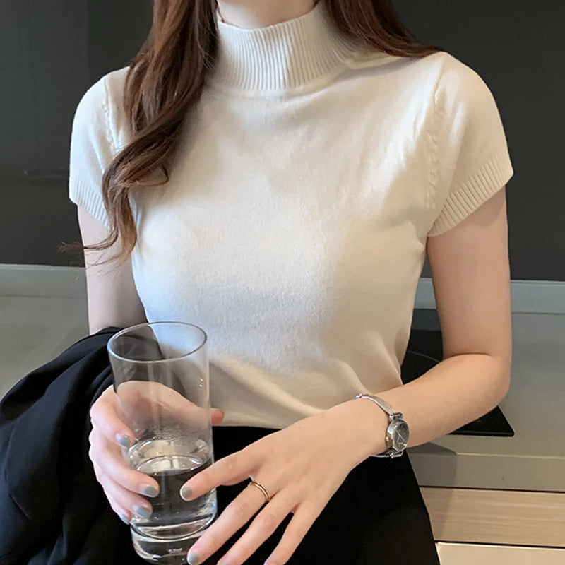 Casual Women Clothing Korean Knitted Women Top Blusas Mujer De Moda Spring Summer New Solid Slim Turtleneck Blouse Blusas 8622