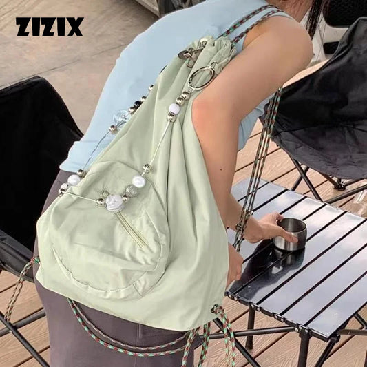 Women Fashion Nylon Beading Chain Drawstring Backpack Korean Trendy Shoulder Bag Y2k Summer Travel Backpacks Light School Bags