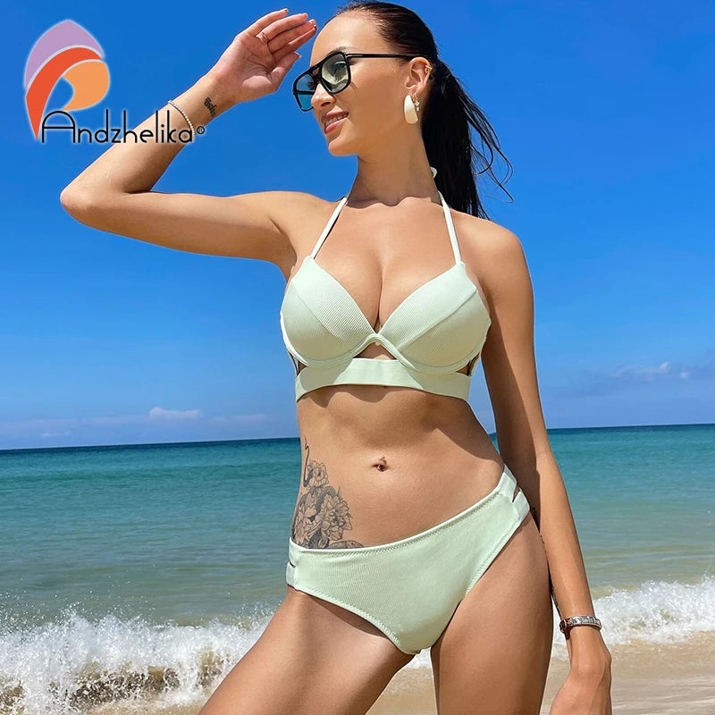 Andzhelika Solid Push Up Bikinis Women Bandage Bikini Sets Swimsuit Sexy Halter Two Pieces Beachwear 2022 Bathing Suit Swimwear