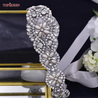 TOPQUEEN Bridal Belts Bling Wedding Women Jewelry Silver Rhinestone Pearl Crystal Sparkly Party Formal Dress Diamond Sash S161