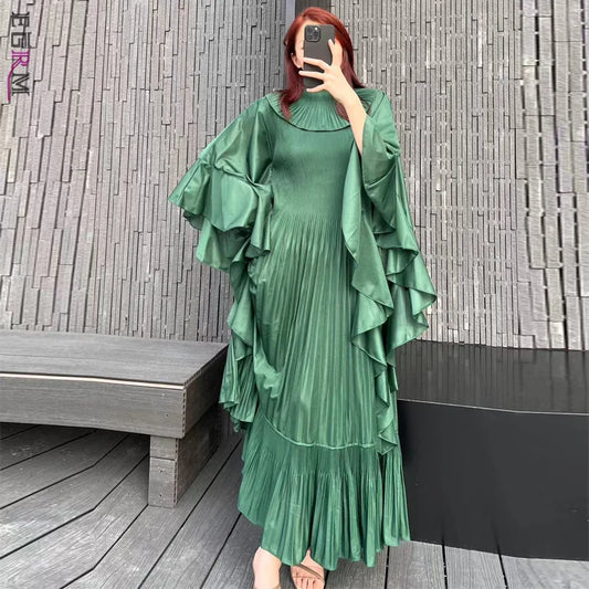 EGRM Ruffle Sleeves Pleated Maxi Long Dress For Women Elegant Lapel Solid Color Loose High-end Dresses 2024 Spring New 7ER3150