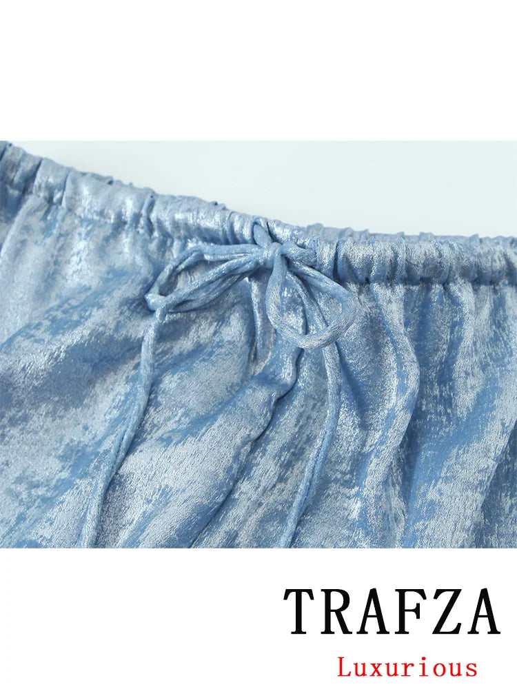 TRAFZA Vintage Chic Women Satin Pants Solid Blue Drawstring Straight Loose Pants Fashion 2024 Spring Summer Holiday Trousers