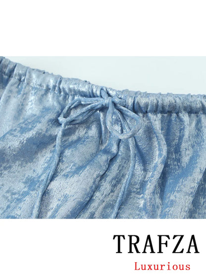 TRAFZA Vintage Chic Women Satin Pants Solid Blue Drawstring Straight Loose Pants Fashion 2024 Spring Summer Holiday Trousers