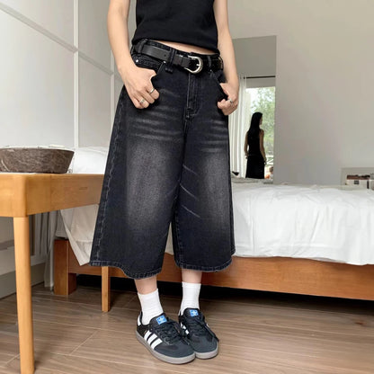 Women Black Y2k Style Baggy Denim Shorts Wide Leg Short Pants Fashion High Waisted Dark Wash Knee Length Jeans Female Casual