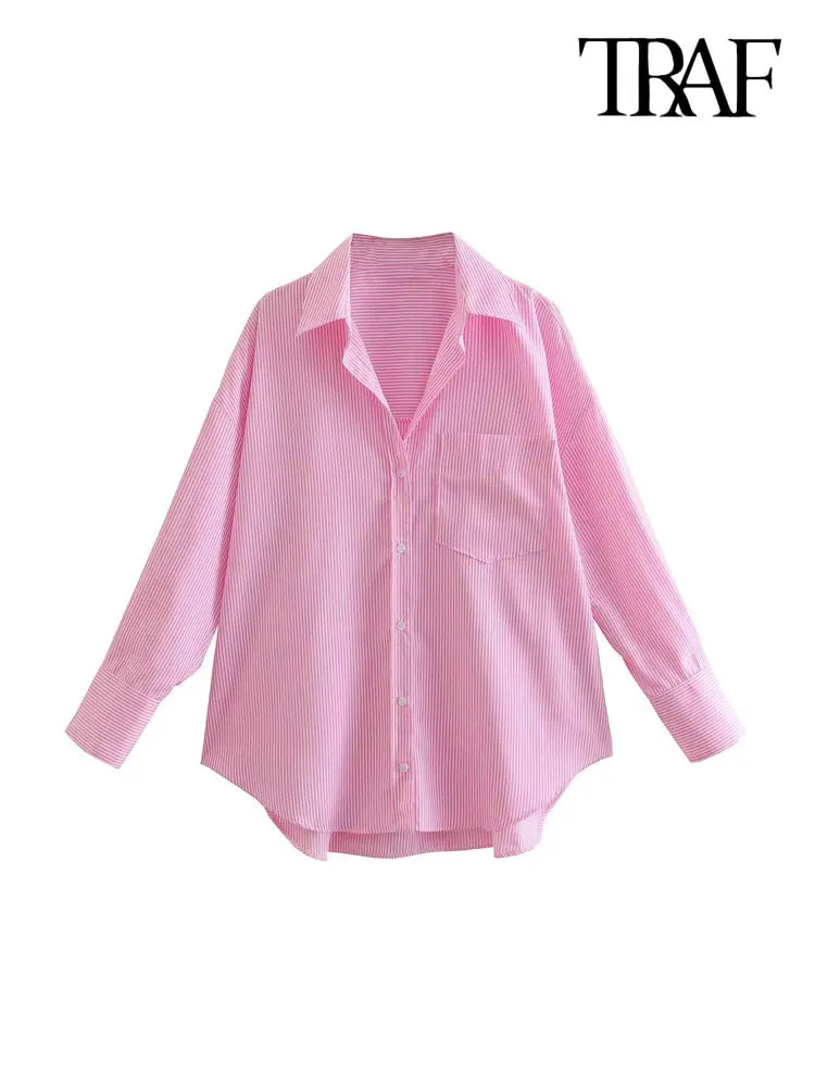 TRAF-Striped Loose Shirts With Pocket for Women, Long Sleeve, Button-up Blouses, Chic Tops, Female Fashion