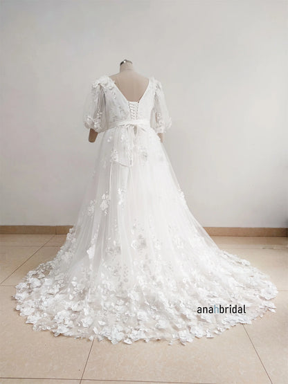 White Beaded Lace Wedding Dress/ Deep V Neckline Sexy Bridal Gown/Custom Sizes/Colors