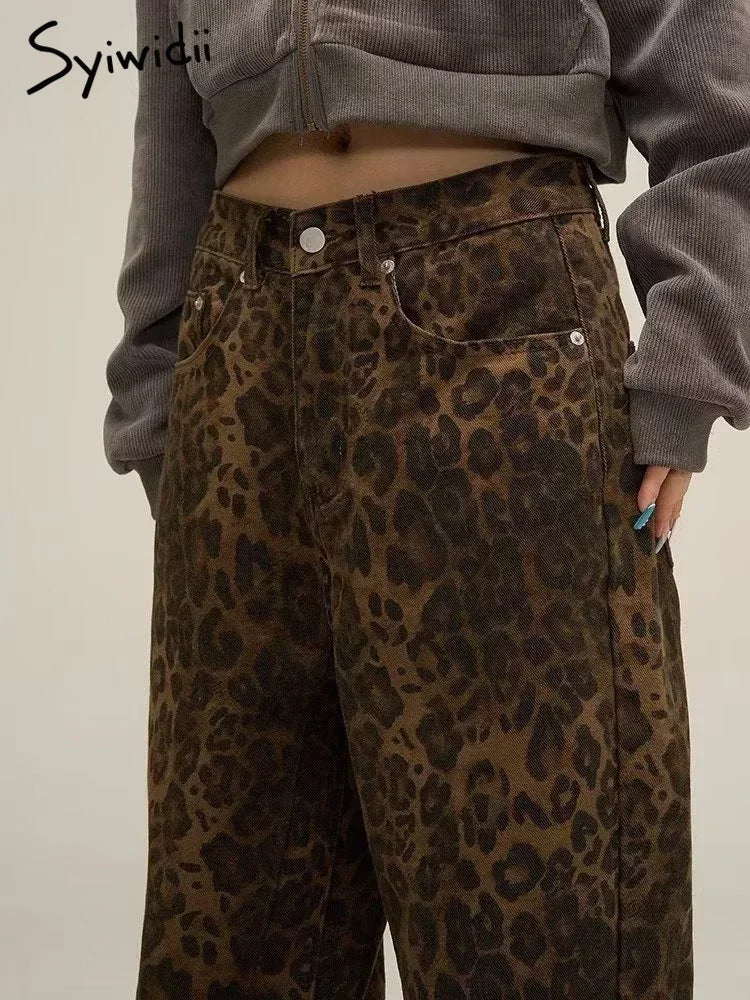 Syiwidii Leopard Print Y2k Jeans Women Oversized Wide Leg Denim Trousers Streetwear Hip Hop Vintage Loose Baggy Designer Jeans