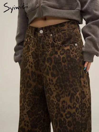 Syiwidii Leopard Print Y2k Jeans Women Oversized Wide Leg Denim Trousers Streetwear Hip Hop Vintage Loose Baggy Designer Jeans