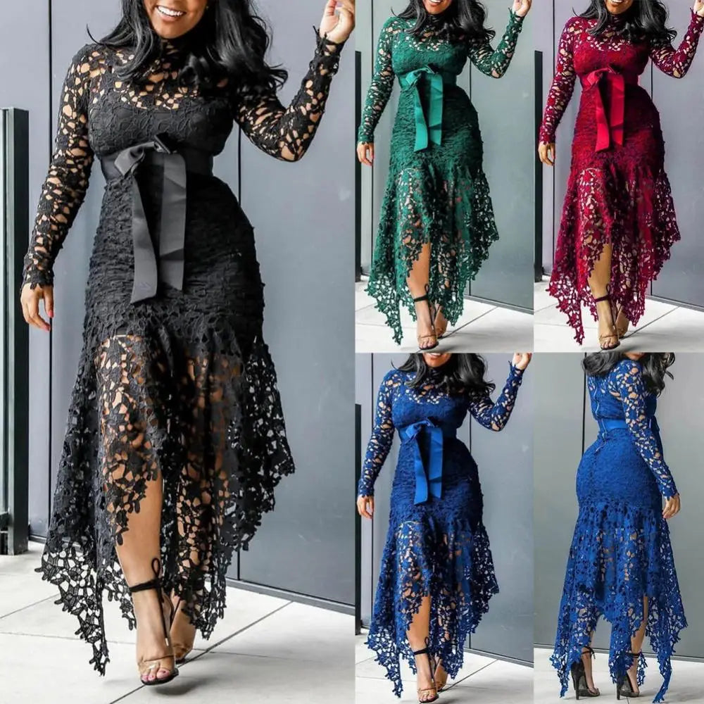 Women Lace Dresses Long Sleeve Bow Belted Irregular Hem Hollow Lace Sexy Bodycon Dress Party  Dress