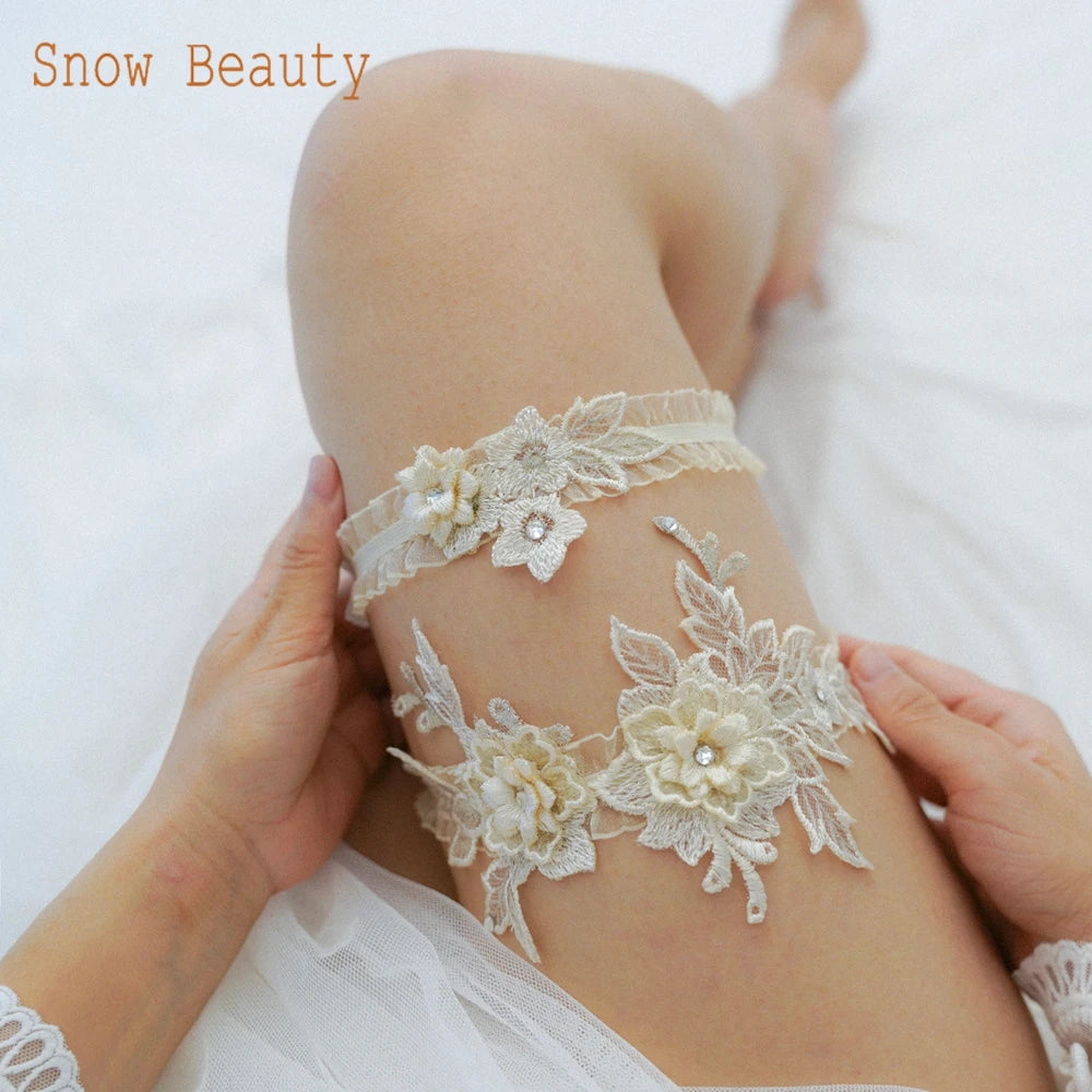 K03 2 PCS Sexy Lace Flower Crystal  Pearls Wedding Garter Belt Thigh Ring Bridal Leg Garter Stocking Garter Belt Girl Women