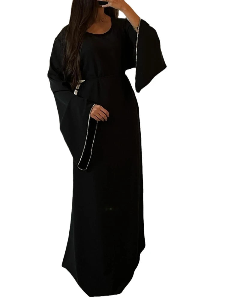 Eid Ramadan Party Dress for Women Muslim Abaya Diamond Flare Sleeve Long Dress Belt Morocco Kaftan Vestidos Dubai Robe Jalabiya