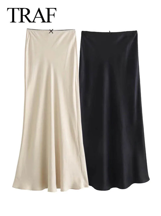 TRAFZA 2024 Women Fashion Skirts Solid Satin Silk Texture Tight Midi Skirt Woman Party Chic Elegant Women Mermaid Skirt