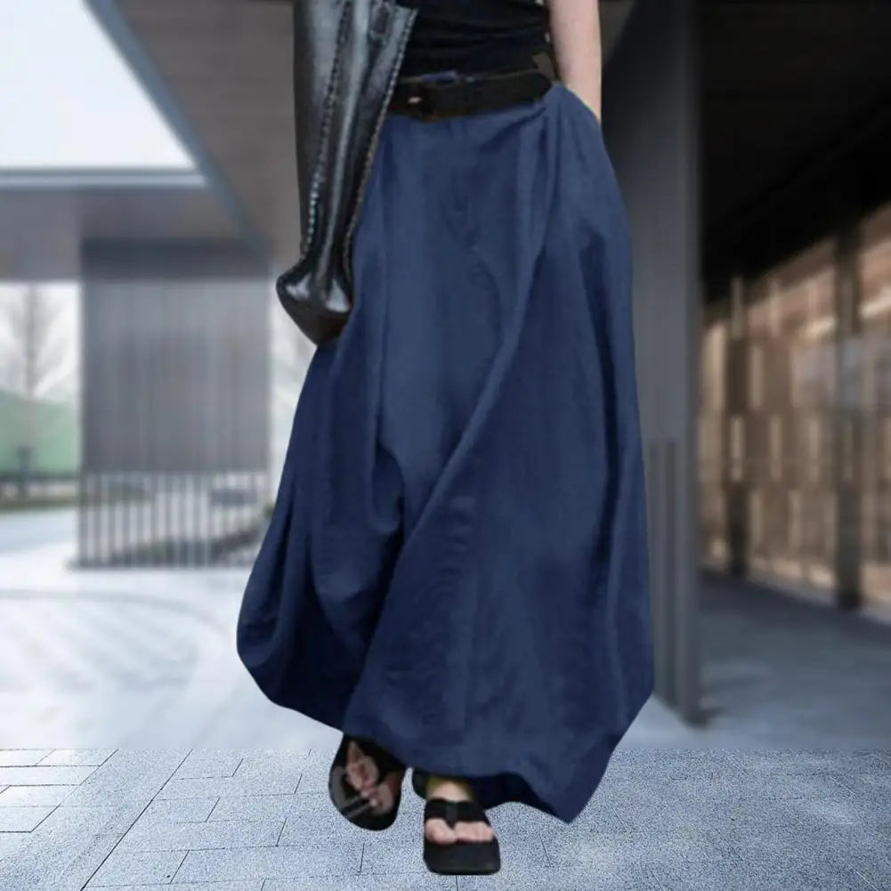 Women Maxi Skirt Elastic Waist Button Fly A-Line Skirt Solid Color Large Swing Hem Long Dance Skirt Streetwear