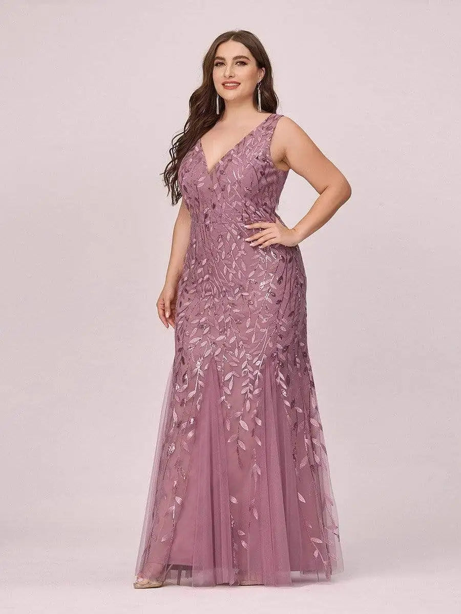 Plus Size Sleeveless Cocktail Dress V Neck  Back Mermaid Party Prom Gowns Tulle Sequins Full estidoes Women