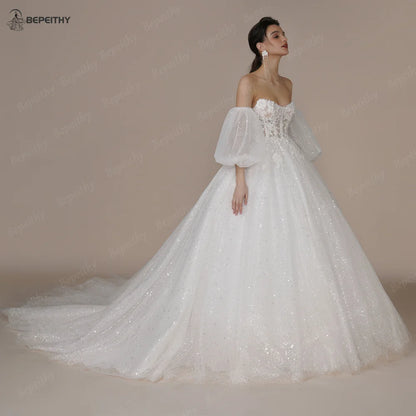 BEPEITHY Princess Strapless Ivory Glitter Wedding Dresses 2023 For Women Court Train Bride 3D Flower Romantic Shinny Bridal Gown