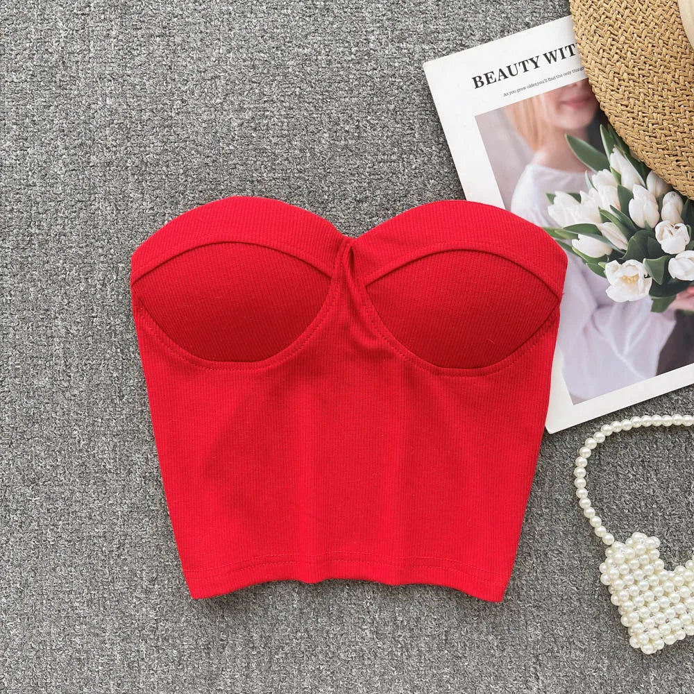 Strapless Western Style Skinny Tanks Camis for Women Summer Casual Solid Colours Female Corset Crop Tube Tops with Built In Bras