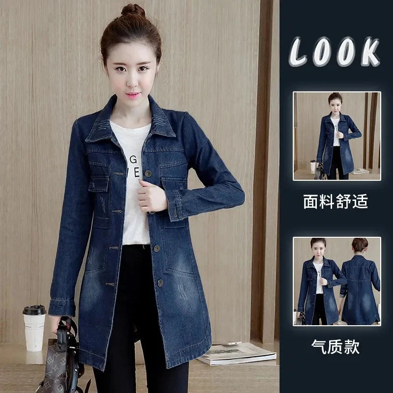 2024 New Autumn Winter Korean Denim Jacket Women Slim Long Base Coat Women's Frayed Navy Blue Casual Female Jeans Jackets Coats