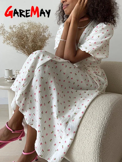 Casual Women's Summer Dresses 100% Cotton Floral Print A-line Midi Dress with Side Slits Long Elegant White Dress for Women 2024