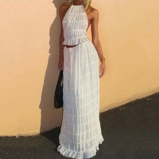 Women Top Skirt Suit Lace-up See-through Shirring Backless Sleeveless Off Shoulder Beach Bikini Cover-up Top Maxi Skirt Set