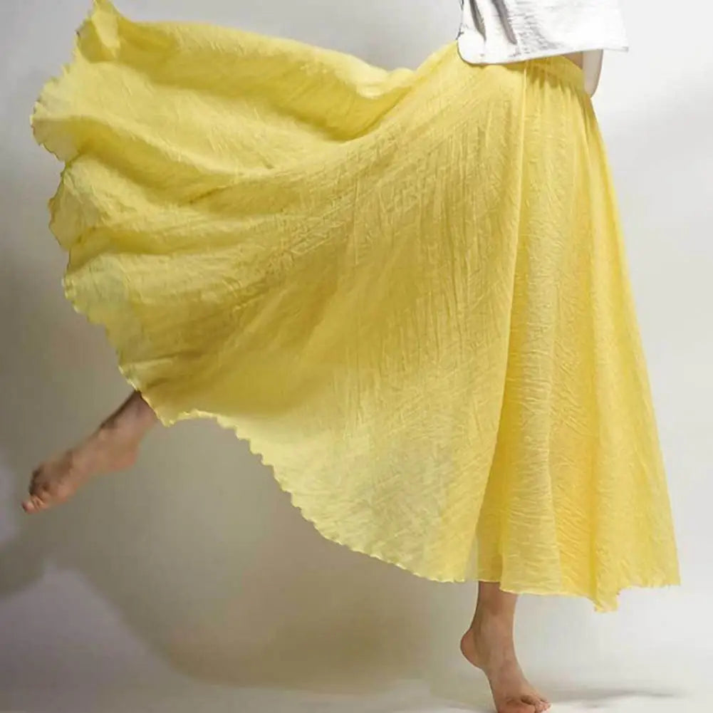 Ethnic Style Women Casual Maxi Skirt Elastic Waist Solid Color Long Skirt Large Flowy Hem A-Line Skirt Streetwear