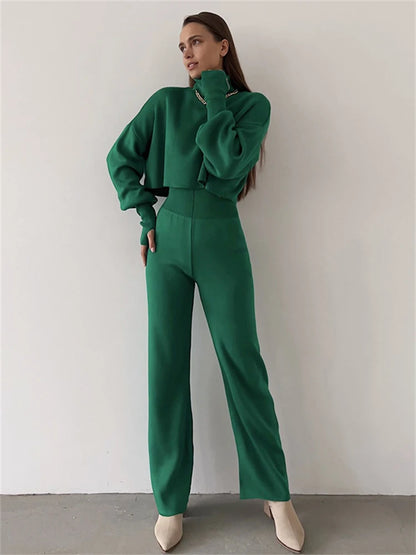 Tossy Turtleneck Two Piece Outfits For Women Lantern Sleeve Cropped Top And Straight Leg Pants Sets Tracksuit Casual Outfits