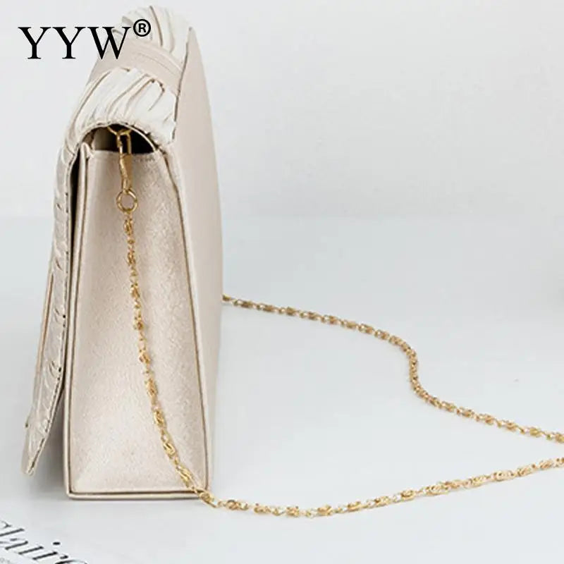 Elegant Pleated Satin Women Party Handbag Solid Color Envelope Flap Clutch Purse Ladies Metal Chain Wedding Prom Messenger Bag