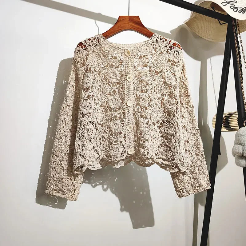 Lace Small Shawl Cotton Cardigan female 2023 spring and summer o neck long sleeve solid casual Versatile Hollow Cardigan Female