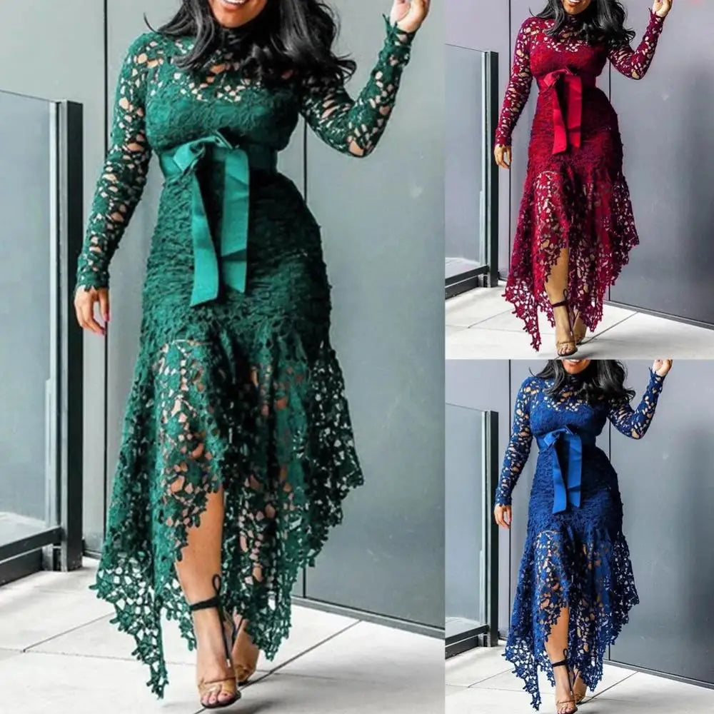 Women Lace Dresses Long Sleeve Bow Belted Irregular Hem Hollow Lace Sexy Bodycon Dress Party  Dress