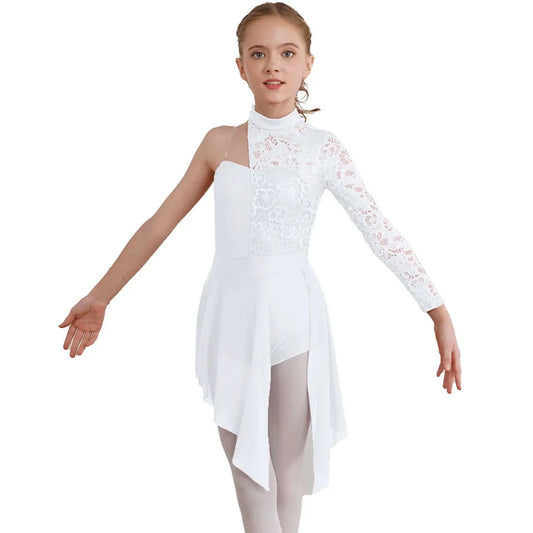 Kids Girl One Shoulder Lyrical Modern Dance Dress Lace Asymmetric Split Ballet Gymnastics Figure Skating Leotard Dress Dancewear