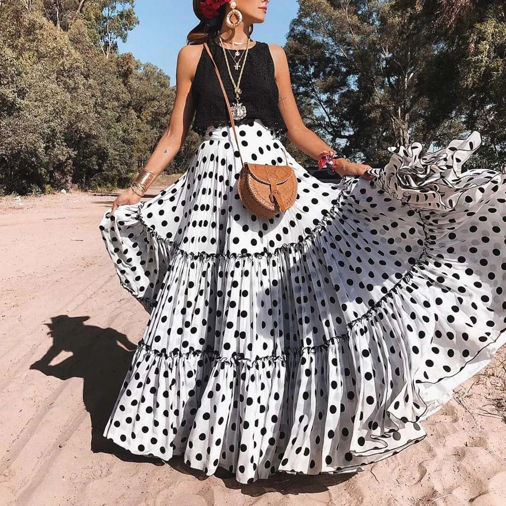 Bohemian Maxi Skirts For Women High Waist Polka Dot Printed Skirt Loose Ruffled Long Pleated Skirts Elegant Female Streetwear