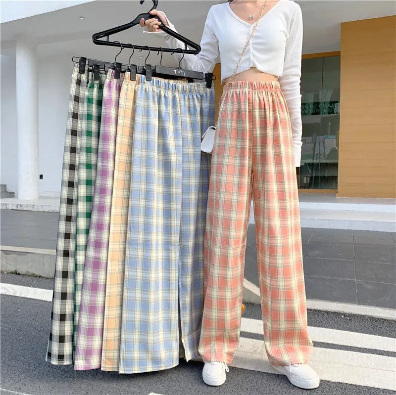 Ladies Plaid Pants Summer Ultra Thin Breathable High Waist Straight Loose Pants Harajuku Hip Hop Street Casual Pants