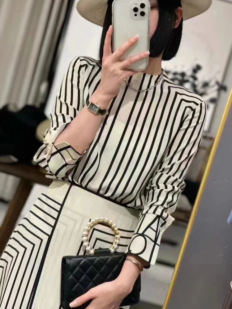 Striped Women Skirt Sets Long Sleeves Casual Fashion O-Neck Blouse Summer Chiffon Zipper Skirt