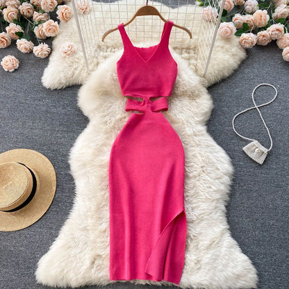 YuooMuoo Women Dress Sexy Cut Out Waist Package Hips Split Bodycon Dress Summer Fashion Lady Knitted Party Vestidos Sundress