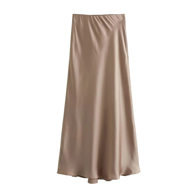 TRAF Satin Midi Skirt Woman High Waist Long Skirts For Women New Fashion 2023 Autumn Casual Elegant Party Women's Skirts