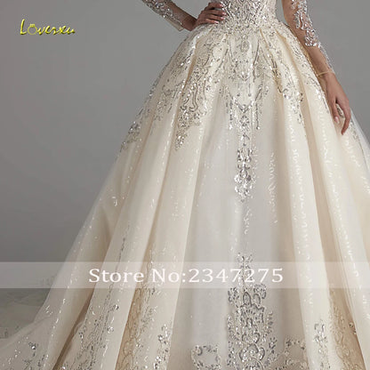 Loverxu Ball Gown Luxury Wedding Dresses 2024 O-Neck Long Sleeve Vestido De Novia Lace Beaded Chapel Train Glamorous Bride Dress