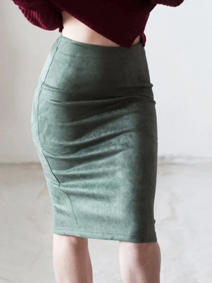 Fashion Empire Skirts 2024 Spring Faux Suede Pencil Skirt High Waist Bodycon Split Thick Stretchy Skirts