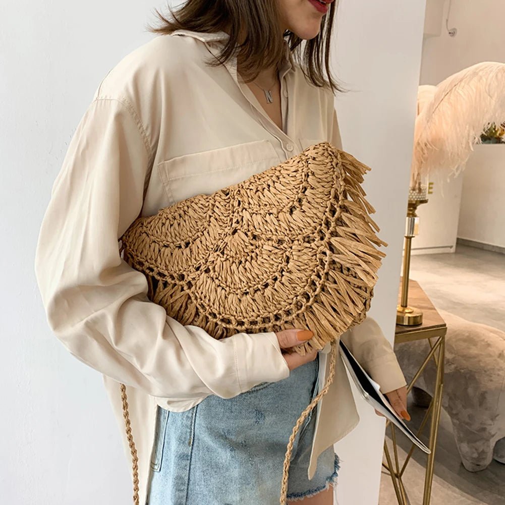 Summer Tassel Straw Shoulder Bag for Women Paper Rope Hook Hand-woven Casual Handbags Beach Travel Girls Crossbody Flap Bags