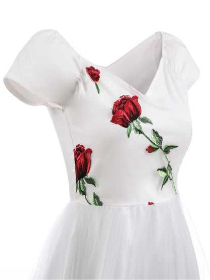 Tonval Rose Floral Embroidered V-Neck Elegant Party Dress Pleated Mesh Overlay Women Short Sleeve Vintage Summer Dresses